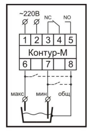 Схема подключения реле контроля уровня «Контур–М» при двухуровневых режимах работы 